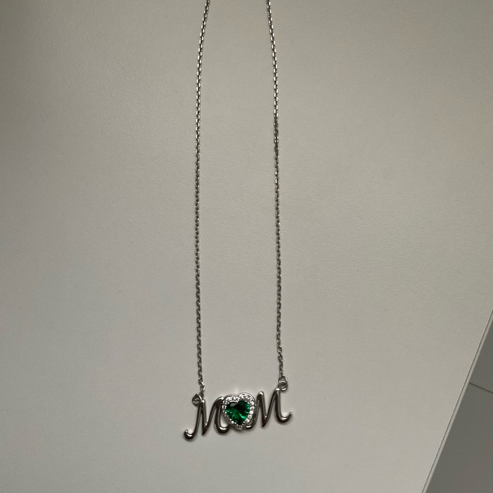 Silver 'Mom' Necklace with Green Gemstone